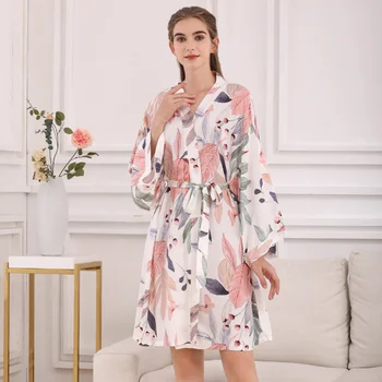 Naujas Sleepwear Apdaras Pavasarį Plonos Medvilnės-šilko Moterų Pižamą Gėlių Spausdinti ilgomis rankovėmis Pižama, Chalatas ir Moterų Persirengimo Suknelė