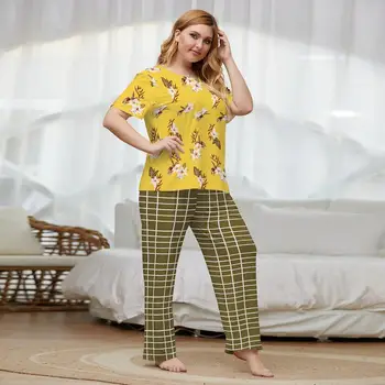 Naują pavasario rudens plius dydis pižama moterims gėlių, geltona T-marškinėliai ir ilgos kelnės namų dėvėti dviejų dalių kostiumai 4XL 5XL 6XL 7XL