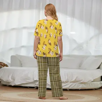 Naują pavasario rudens plius dydis pižama moterims gėlių, geltona T-marškinėliai ir ilgos kelnės namų dėvėti dviejų dalių kostiumai 4XL 5XL 6XL 7XL