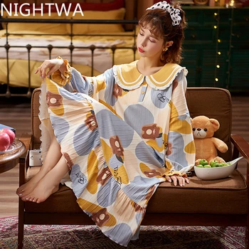 NIGHTWA Rudenį Moterys Sleepwear Suknelė Kawaii karinio jūrų Laivyno Apykaklės Lankas Pižamą Medvilnės Namų Kostiumas Mielas Plius Dydis-ilgomis Rankovėmis Nightdress