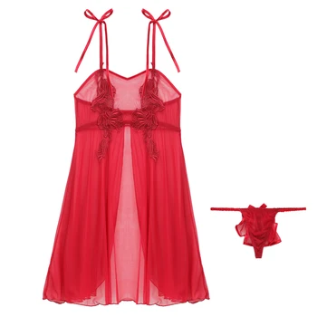 Nėrinių Gėlių Siuvinėjimas Naktį Suknelė moteriškas apatinis Trikotažas Tinklelio Su Panty Seksualus Spageti Dirželis Pižamą Moterų Raudona Sleepwear