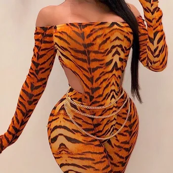 OMSJ Off Peties Leopardas Spausdinti ilgomis Rankovėmis Seksualus Bodysuit+Antblauzdžiai 2 Vienetų Komplektas Moterų Klubo Komplektus Combinaison Femme Pantalon