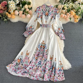 Pavasarį, Rudenį Moterų Ilga Suknelė Spausdinti ilgomis Rankovėmis Suknelė Moterų Krūtinėmis Diržo Varčias Suknelė Retro Etninės Stiliaus Suknelė LL011