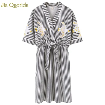 Ponios Medvilnės Pižamą Apatinis Trikotažas Mergina Japonų Kimono Stiliaus Padažu Suknelė Dryžuota Mielas Geltona Antis Spausdinimo Trumpas Rankovės Nighty