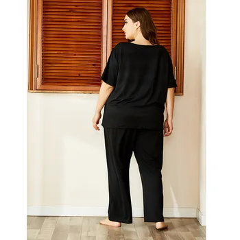 Ponios pavasarį, rudenį plius dydis pižama moterims trumpomis rankovėmis black print T-marškinėliai ir ilgos kelnės namų dėvėti kostiumą, 4XL 5XL 6XL 7XL