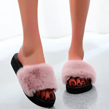 Pūkas Flip flop Mados Patalpų Lauko Moterų Slip-on Open Toe Butas Šiltas Žiemą, Šlepetės Bateliai Atsitiktinis Namų Šlepetės Zapatos Mujer