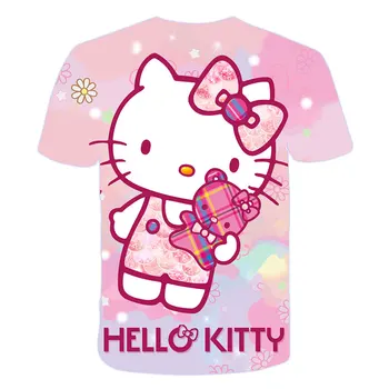 Rausvos spalvos, Mielas Serijos Mergaitėms trumpomis Rankovėmis Naujas 3D Kitty Cat Mergaičių Marškinėliai Vasaros Orui Patogiai, Vaikų Drabužiai