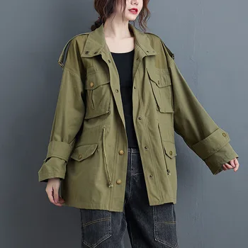 Rudenį Korėja Stiliaus Armijos Žalia Striukė Moterims Ilgomis Rankovėmis Plius Dydis Atsitiktinis Gatvės Outwear