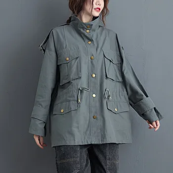 Rudenį Korėja Stiliaus Armijos Žalia Striukė Moterims Ilgomis Rankovėmis Plius Dydis Atsitiktinis Gatvės Outwear