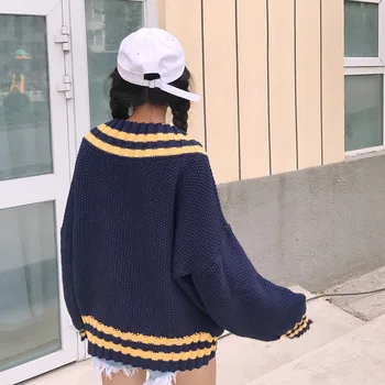 Rudenį Moterų Korėjos Stiliaus Dryžuotas Megztinis V-Kaklo Moterų Puloveriai) Su Ilgomis Rankovėmis Megztiniai Harajuku Moterų Prarasti Soild Megztinis
