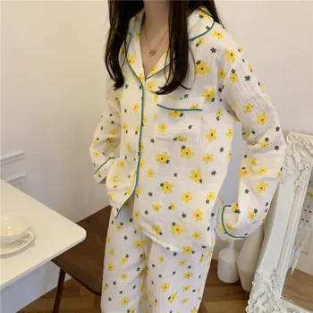 Senovinių geltonų gėlių spausdinti žvaigždžių medvilnės namų drabužių moterų pižama nustatyti, pavasarį, rudenį marškinėliai homewear kelnes 2vnt sleepwear Y174