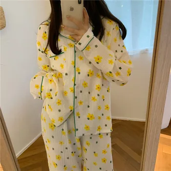 Senovinių geltonų gėlių spausdinti žvaigždžių medvilnės namų drabužių moterų pižama nustatyti, pavasarį, rudenį marškinėliai homewear kelnes 2vnt sleepwear Y174