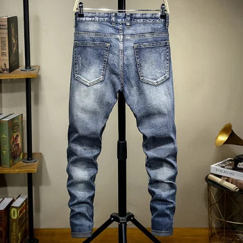 Sokotoo Vyrų raidžių modelis atspausdintas džinsinio džinsus Mados slim fit mėlyna ruožas smailas pieštuku kelnės