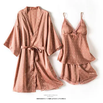 Spausdinti Dot Lady naktiniai drabužiai Satino 4PCS Pižama Rinkinys Moterims Šilkiniai Sleepwear Chalatas Kimono Suknelė Mielas Laisvas Pijamas Miego Kostiumas
