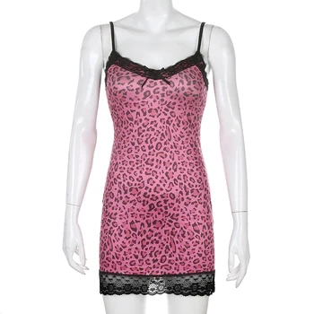 SUCHCUTE Leopard moterų suknelė preppy stiliaus nėrinių kratinys lankas sundress 90s E mergina mini suknelė vasaros 2020 moteriška šalis suknelės