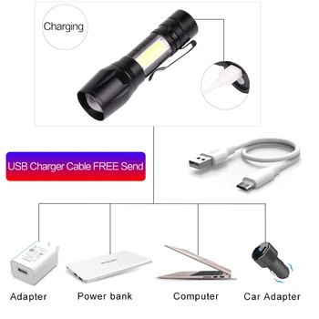 Super Ryškus Žibintuvėlis USB Įkraunamas LED Žibintuvėlis COB LED Žibintuvėlis Zoomable Žibintuvėlis, atsparus Vandeniui Žibintuvėlis su įmontuota Baterija