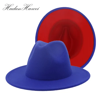 Unisex Išorinis Royalblue Vidinis Raudonos Vilnos Veltinio Džiazo Fedora Skrybėlės su Plonu Diržo Sagtis Vyrai Moterys Masto Kraštų Panama Trilby Bžūp L XL