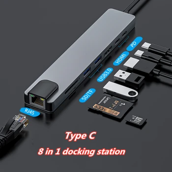 USB Docking Station C Tipo HUB Usb-C 4K RJ45 HDMI USB 3.0 Adapteris PD Įkrovimo SD/TF Kortelių Skaitytuvą, skirtą 