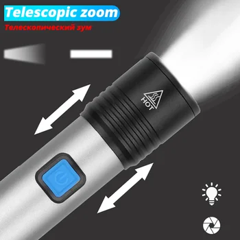 USB Įkrovimo T6 LED Žibintuvėlis Nešiojamų Built-in ličio Baterija 1200mAh Vandeniui Kempingas šviesos Zoomable Degiklio Galia