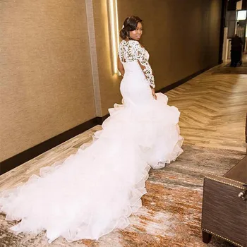 Viršų Pardavimo Ilgomis Rankovėmis Pynimas Afrikos Undinė Vestuvių Suknelės 2022 Organza Karoliukai Vien Nuotakos Suknelė Nėrinių Didelis Traukinio Vestuvių Suknelė