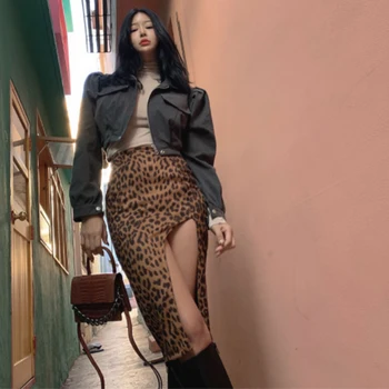 WannaThis Moterų Sijonas Plonas Aukštos Juosmens Apačia Padalinta Paketo Klubo Atsitiktinis Elegantiškas Leopard Kelio Ilgio Sijonas Moterims Vasaros Streetwear