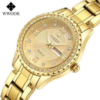 WWOOR Prabangos Prekės Diamond Žiūrėti Moterų Mados Suknelė Aukso laikrodis Moterims, Elegantiškas Kvarco Data Ponios Apyrankę Žiūrėti reloj mujer