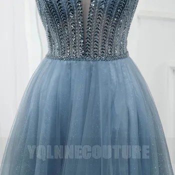 YQLNNE Mėlynos spalvos Tiulio Ilgai Prom Dresses 2020 Giliai V Kaklo Duobute Oficialų Suknelė Backless Aline Šalis Suknelė