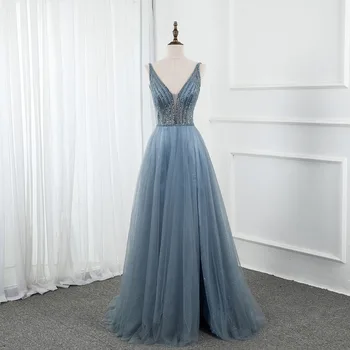 YQLNNE Mėlynos spalvos Tiulio Ilgai Prom Dresses 2020 Giliai V Kaklo Duobute Oficialų Suknelė Backless Aline Šalis Suknelė