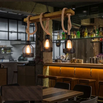 Šiaurės mediena šviesa 3 vadovai E27 kabo lempa loft geležies kanapių virvė pakabukas lempa, restoranas, valgomasis, virtuvės lubų liustra