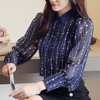 Šifono Palaidinė Moterims Topai Ilgomis Rankovėmis 2020 Korėjos Mados Gėlių Spausdinti Palaidinė Marškinėliai Moteriški Darbo Drabužiai Office Marškinėliai Blusas
