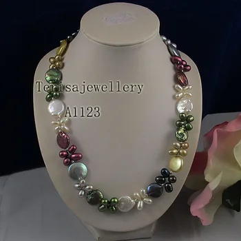 Žavinga Moteris, Perlų Karoliai Spalvotų Originali Gėlavandenių Perlų Vėrinį Gamtos Monetos Ir Ryžių Perlų Papuošalai