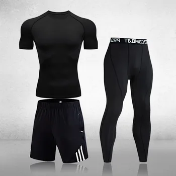 Žiemos grynas juodas 3 dalių šilumos apatiniai tiktų vyrų greitai-džiovinimo ilgas + trumpas rankovės tiktų vyrų šiltas fitneso sporto kostiumas